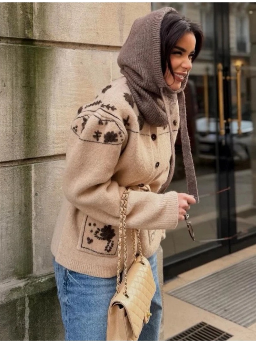 Zara Beige Floral Knit Belted Cardigan